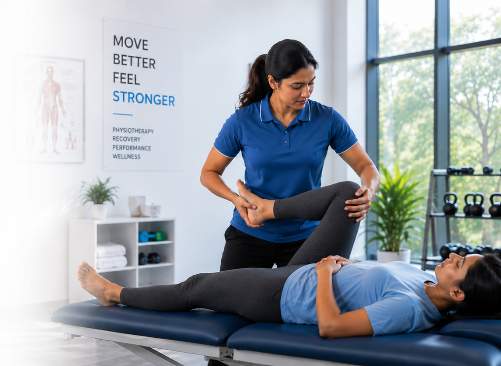 Physiotherapist guiding a patient through a leg stretch at PhysioHolic Center